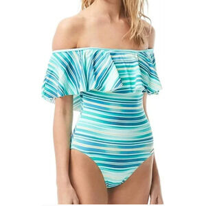 Vince Camuto Azure Blue Ruffle Off-the-Shoulder Striped One Piece Swimsuit 6 NWT